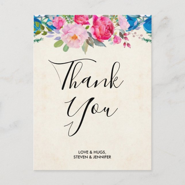 Tack för söt Rosa och Blå blomman Gräns Bröllop Vykort (Framsida)