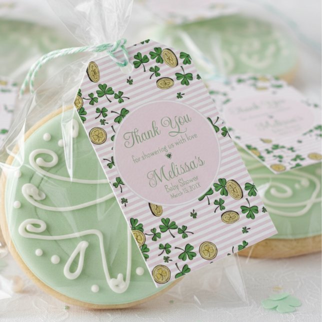 Tack för St. Patrick's Day i rosa grönt klöver Presentetikett (Cute Pink White St Patrick's Day Baby Shower Green Clover Thank You Favor Tags for Irish Baby Girl)