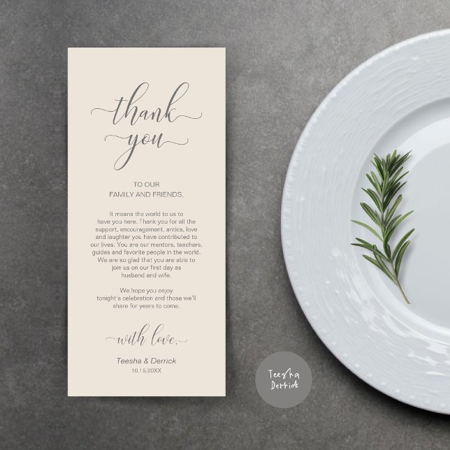 Tack för Ställe-inställning, Elegant Cream Grått-k Program (Wedding Dinner Place Setting Thank You Card, Modern Classy Design, Grey and Cream)