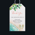 Tack för Strandbotanik Presentetikett<br><div class="desc">Vattenfärgade sandstränder och öbotaniska blommor och bladbouquet med utsmyckade flip-flops,  personliga tack-kort. Anpassa text,  typsnitt,  färg och storlek.</div>