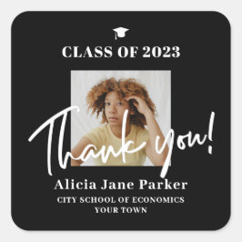 Tack för studenten-fotot student fyrkantigt klistermärke