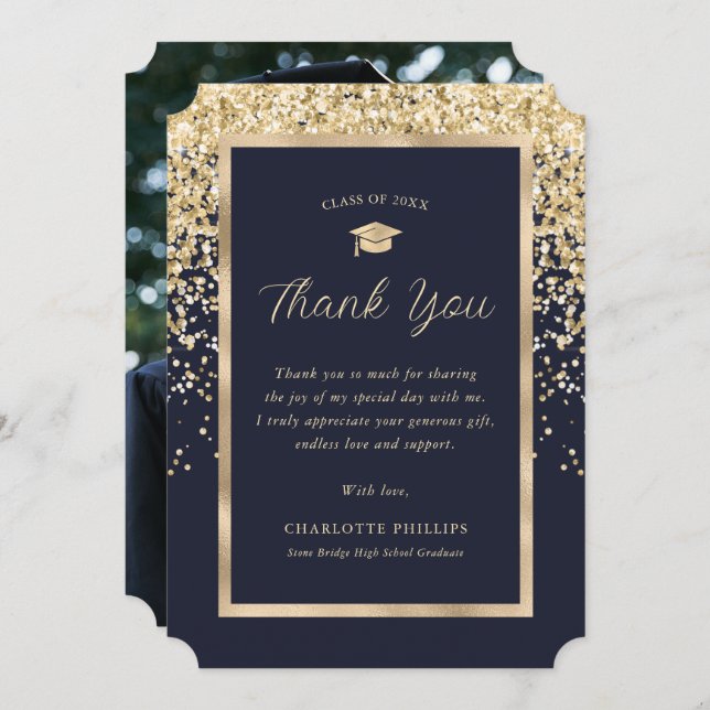 Tack för Studenten-tackkortet Navy Blue and Guld P (Fram/baksida)