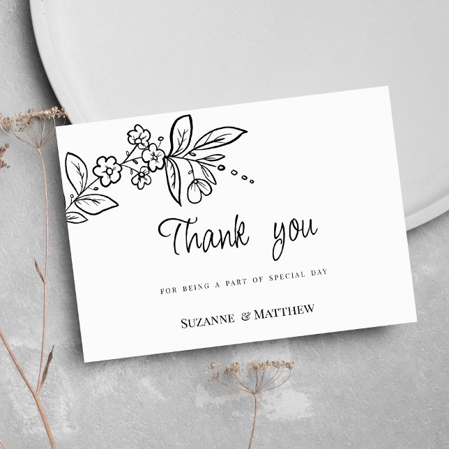 Tack för svartvit enkel blommigt inbjudningar (Elegant black white simple floral Thank You )