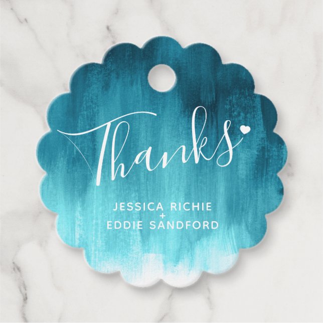 Tack för teal aqua tvätta art bröllop gåvor etiketter (Framsida)