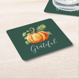 Tack för Thanksgiving Pumpkin-Grönt Underlägg Papper Kvadrat