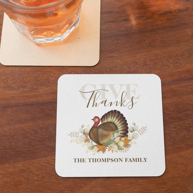 Tack för thanksgivingen Enkel Turkiet Elegant Ge Underlägg Papper Kvadrat (Thanksgiving Turkey holiday custom paper coaster)
