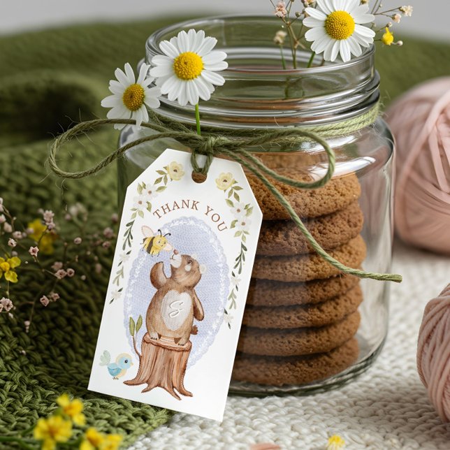 Tack för trädjordådsdjur i Blommigt av kutym Presentetikett (Cute Knitted Floral Woodland Animal Bear Thank You Gift Tags)