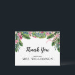 Tack för Tropical Löv Blommigt Möhippa Vykort<br><div class="desc">Säg "Tack" för dina Möhippor i elegant,  det moderna stil med denna exotiska boho tropiska hibiscus vattenfärg lämnar i rosa och grönt. Perfekt för sommartid möhippor.</div>