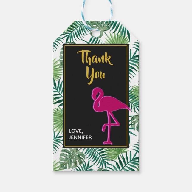 Tack för Tropical Lövs Mönster och Rosa Flamingo Presentetikett (Framsidan)