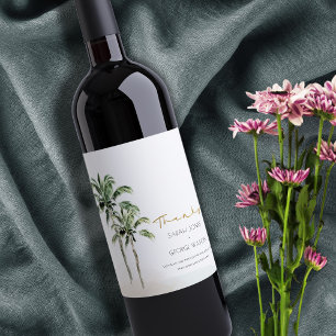 Tack för Tropiska Beach Handflatan Träd Watercolor Vinflaska Etikett