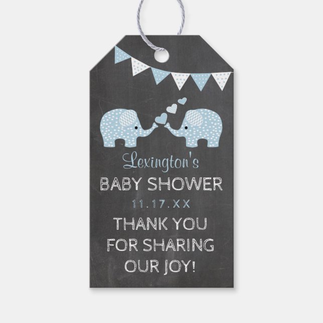 Tack för Twin Boys Blue Elephants Baby Shower Presentetikett (Framsidan)