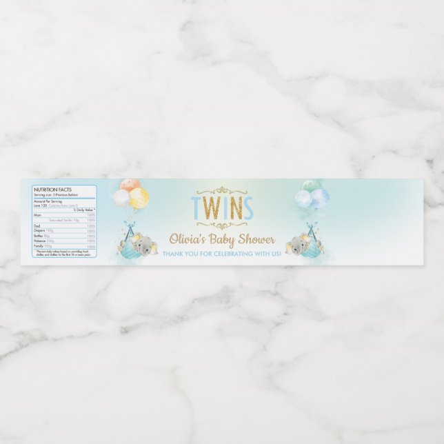 Tack för Twin Boys Elephant Baby Shower Vattenflaska Etikett (Singel etikett)