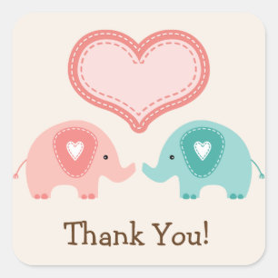Tack för Twin Elephants Baby Shower Fyrkantigt Klistermärke