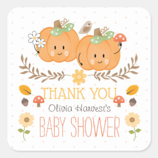 Tack för Twin Girl Pumpkin Baby Shower Stickers Fyrkantigt Klistermärke