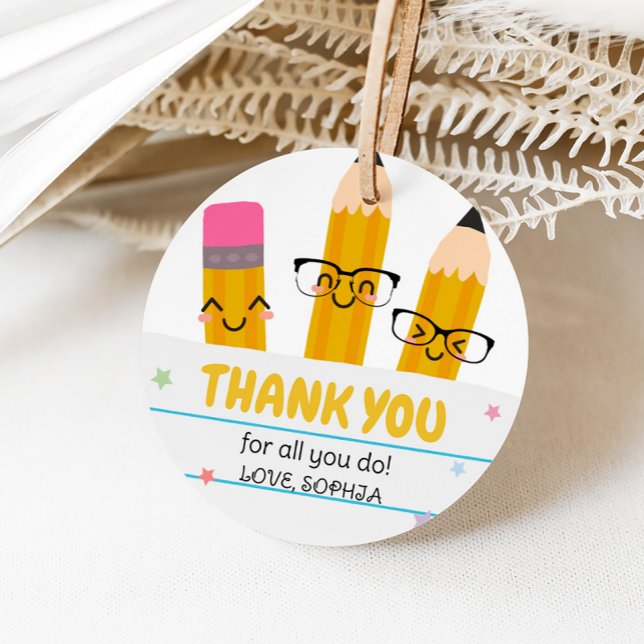 Tack för utvärdering av skolpennlärarprogrammet gåvor etiketter (School Teacher Appreciation Thank You Round Favor Tags)