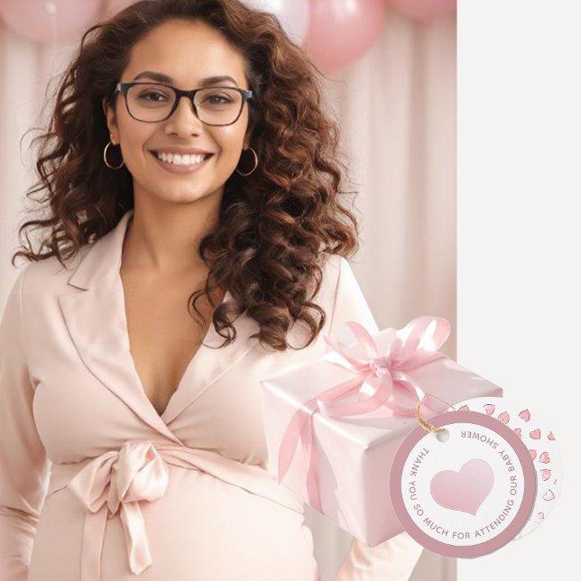 TACK FÖR VÅR BABY SHOWER ROSA HEART GÅVOR ETIKETTER (Skapare uppladdad)
