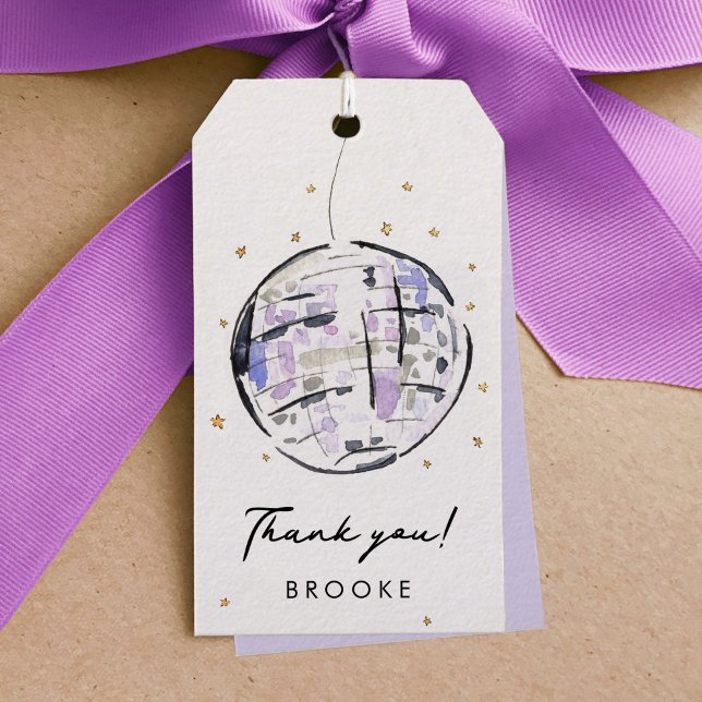 Tack för vattenfärg i Boll i Star-studierad Presentetikett (Fabulous watercolor painted disco ball personalized Thank You favor gift tag.)