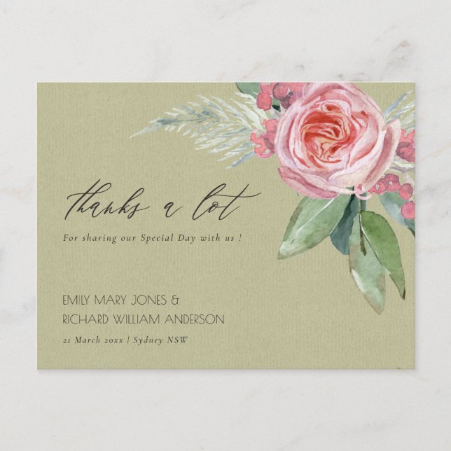 TACK FÖR VATTENFÄRG ROSA FLOWER-GRÖNT VYKORT (Framsida)