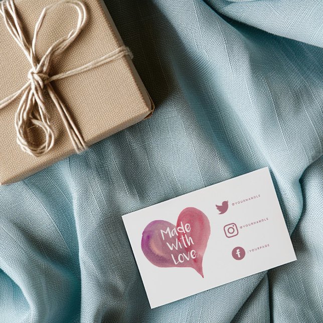 Tack för vattenfärgens hjärta, Social Links Tilläggskort (White insert card saying "made with love" on a watercolor heart and social media icons)