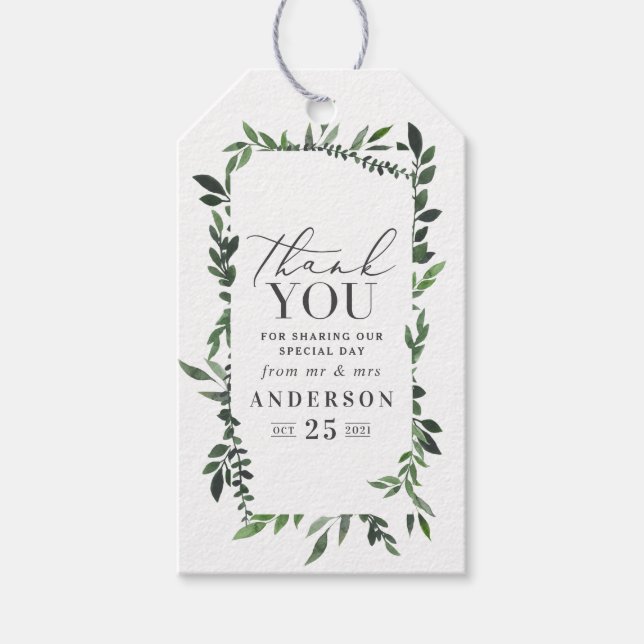 Tack för vattenfärgsblad bröllop märkre presentetikett (Framsidan)