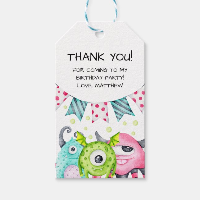 Tack för vattenfärgsmonster i barns födelsedag presentetikett (Framsidan)