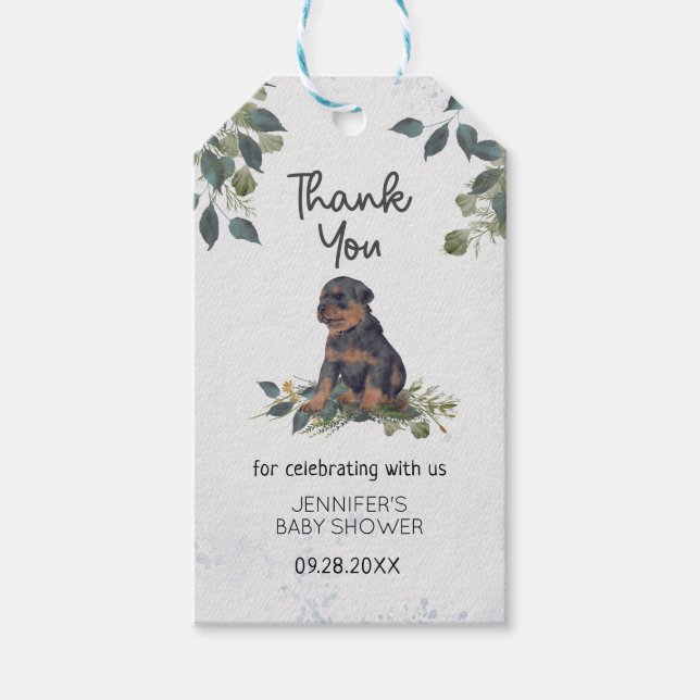 Tack för vattenfärgsrottweiler Puppy Baby Shower Presentetikett (Framsidan)