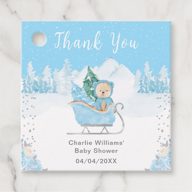 Tack för Vinter Bear Blue Sleigh Baby Shower Gåvor Etiketter (Framsida)