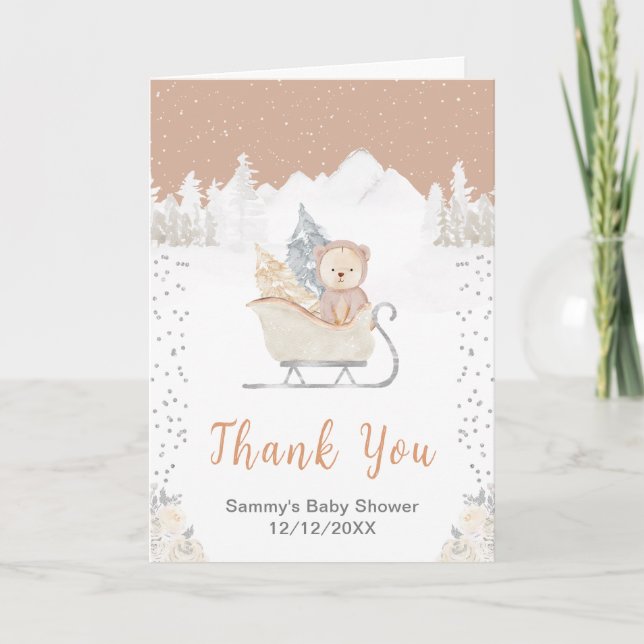 Tack för Vinter Bear Brown Sleigh Baby Shower Kort (Framsida)