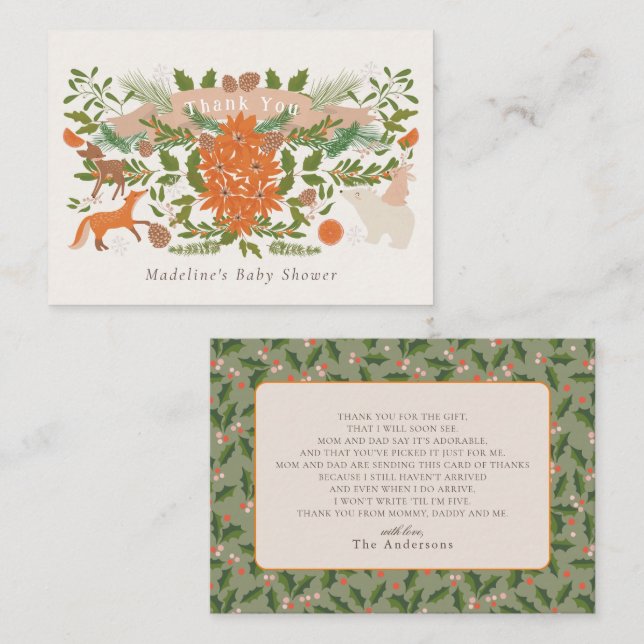 Tack för Vinter Foliage Cream Baby Shower Anteckningskort (Fram/baksida)