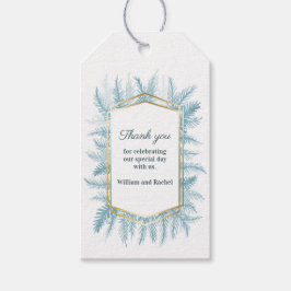 Tack för vintergrön bladvattenfärg blå vinter presentetikett