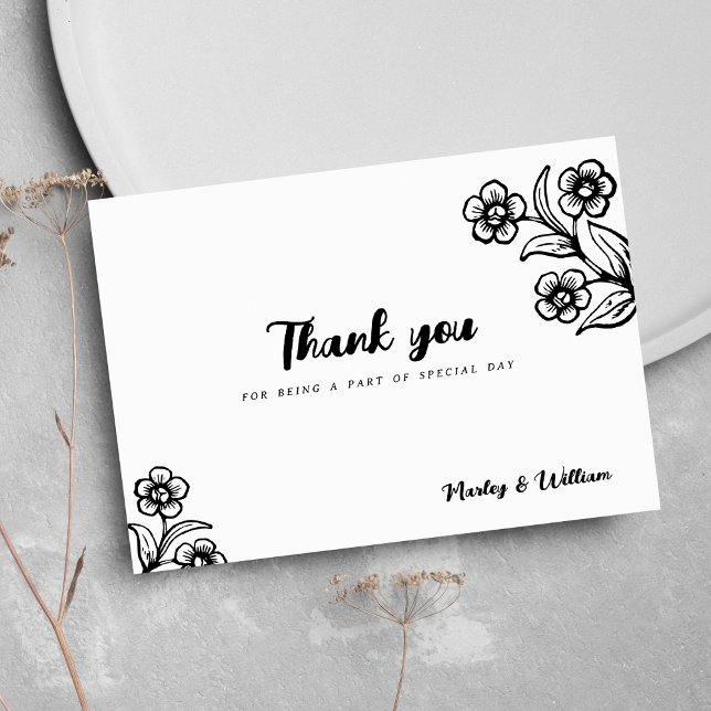 Tack för vit blommigt med fetstil inbjudningar (Bold black white typography floral Thank You)