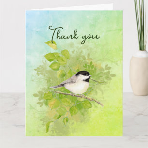 Tack för Watercolor Chickadee Bird Nature Art Kort