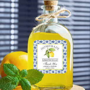Tack för Watercolor Lemon Blue Tile Limoncello Fyrkantigt Klistermärke