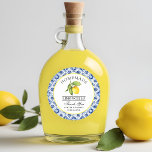Tack för Watercolor Lemon Blue Tile Limoncello Runt Klistermärke<br><div class="desc">Elegant Watercolor Lemon on on Blue Tile Homemade Limoncello Bröllop Tack Stickers</div>