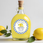 Tack för Watercolor Lemons Blue Tile Limoncello Runt Klistermärke<br><div class="desc">Elegant Watercolor Lemons on Blue Tile Homemade Limoncello Bröllop Tack Stickers</div>