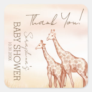 Tack för Watercolor Safari Giraffe Baby Shower Fyrkantigt Klistermärke