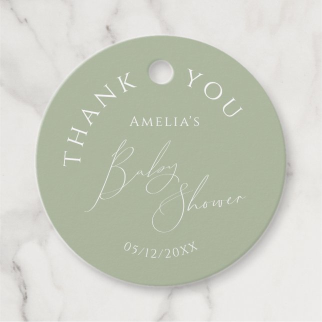 Tack för Whimsique Sage Grönt Baby Shower Gåvor Etiketter (Framsida)