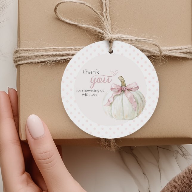 Tack för White Little Pumpkin Rosa Polka dots Gåvor Etiketter (Skapare uppladdad)