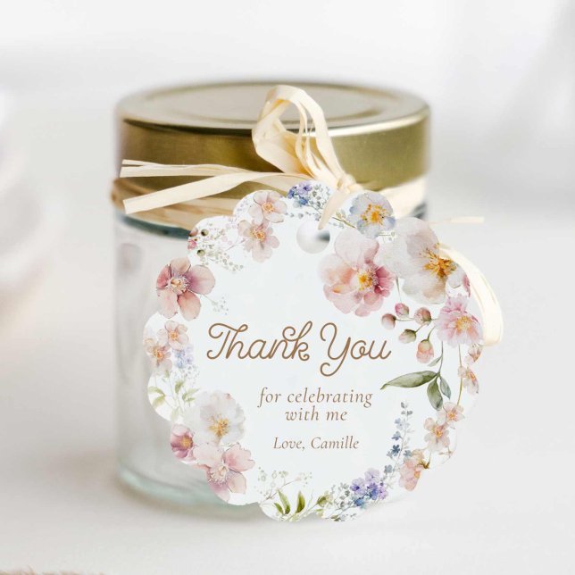 Tack för Wildblomma Birthday Round Gåvor Etiketter (Wildflower Baby Shower Thank you Round tag)