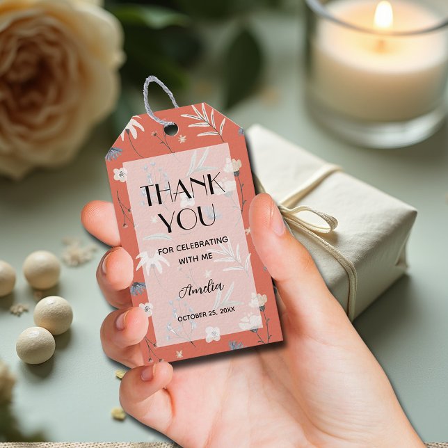 Tack för Wildblomma Terracotta Baby Shower Presentetikett (Wildflowers on terracotta gender neutral baby shower thank you favor tags)