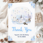 Tack för Winter Wonderland Animals Födelsedagsfest<br><div class="desc">Det här söta och vismliga vattenfärgsfödelsedagskalvet är en vinter med vattendjup och vackra arktiska djur, t.ex. en polar, penguin, katt, val, säl och en älg. I bakgrunden finns berg med tak över snö, isar och träd. Texten kombinerar handskript och sans serif typsnitt för en snyggt och ett modernt utseende. Det...</div>