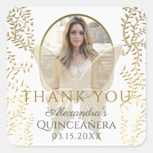Tack, Foto Quinceanera Guld Fyrkantigt Klistermärke