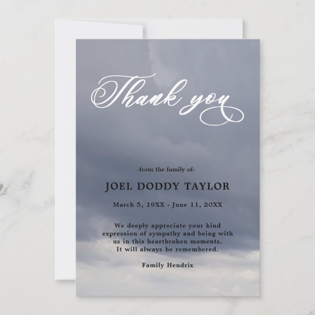 Tack Funeral Cloudy Sympathy Grief Card Inbjudningar (Framsida)