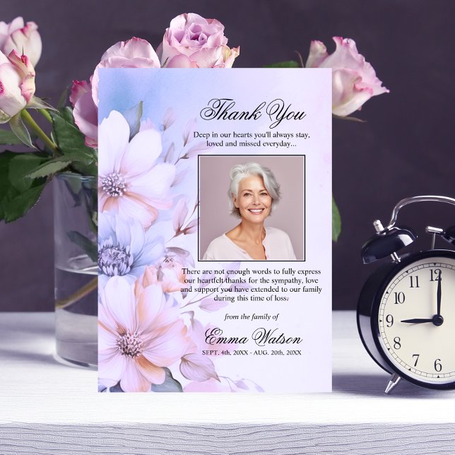 Tack Funeral Lila Lavender Blommigt | FOTO Kort (Elegant Thank You Funeral Purple Lavender Floral PHOTO Card)