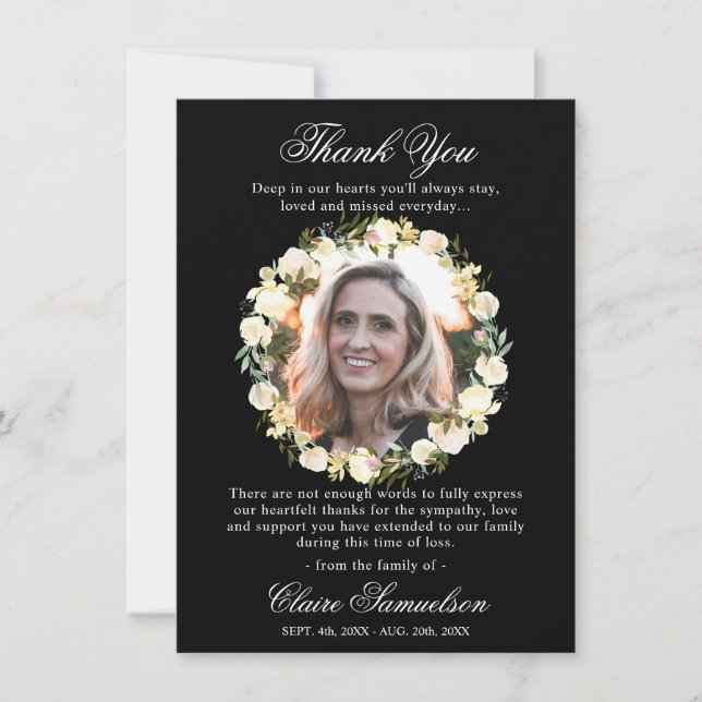 Tack Funeral Sympathy Black Blommigt | FOTO Kort (Framsida)