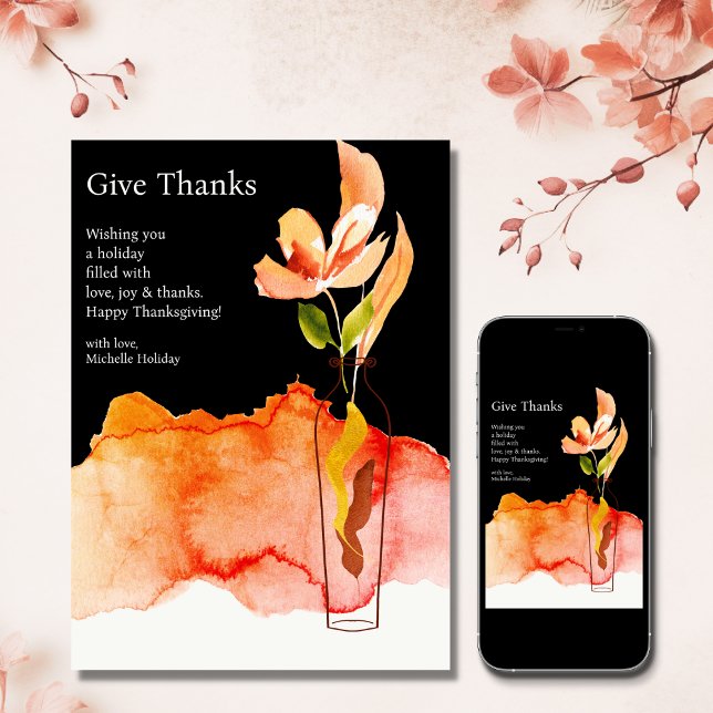 Tack ge - Modern blomma och Thanksgivingen Vas Julkort (Give Thanks - Modern Flower and Vase Thanksgiving Holiday Card)