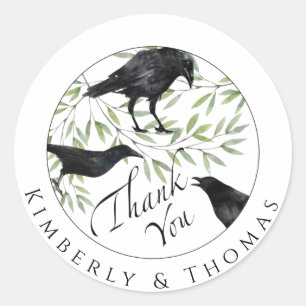 Tack Gift Sticker Raven Bird Flowers Runt Klistermärke