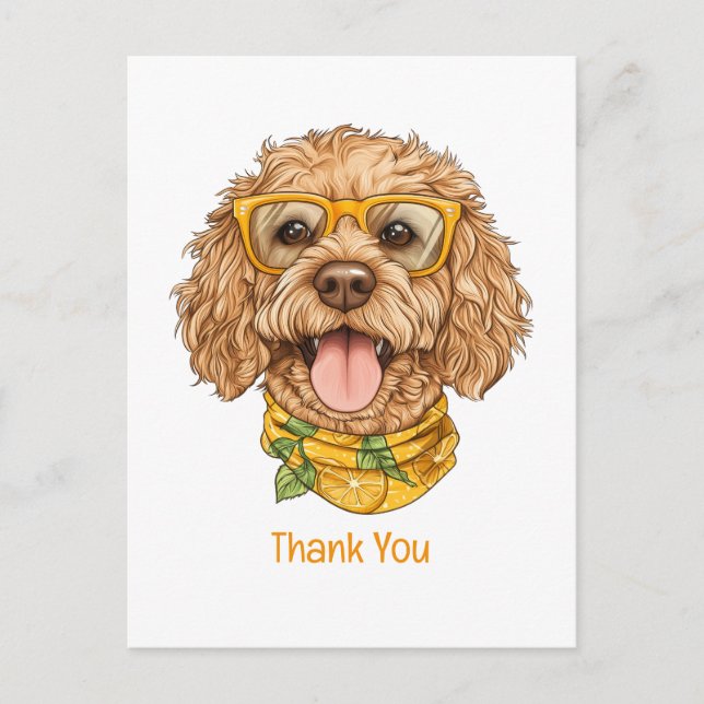 Tack Goldendoodle Hund Solglasögon Apelsiner Vykort (Framsida)