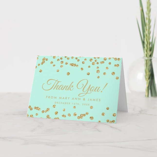 "Tack" Guld Faux Glitter Confetti Mint-Grönt Tack Kort (Framsida)