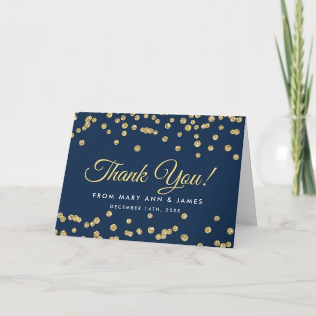 "Tack" Guld Faux Glitter Confetti Navy Blue Tack Kort (Framsida)